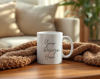 Maqueta de taza blanca de 325 ml (11 oz) JPG / Maqueta de taza para sala de estar acogedora / Maqueta de taza de café estilo de vida / Maqueta de taza para impresión bajo demanda (POD) Printify Printful / Descarga instantánea