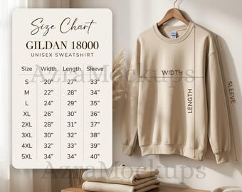 Gildan 18000 maattabel | Hangende maattabel voor Gildan | Gildan 1800-model en maattabel | Boho-achtergrond Gildan 18000 Maattabel
