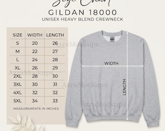 Tabla de tallas de sudaderas Gildan 18000 Guía de tallas de cuello redondo Tabla de tallas de sudaderas Gildan 18000 Printify Listado de imágenes POD Talla de cuello redondo