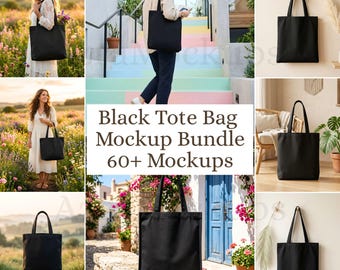 Paquete de maquetas de bolsos tote negros (más de 60 imágenes) / Maqueta de bolso tote de lona JPG / Maqueta de bolso tote de estilo de vida / Maqueta de bolso tote para impresión bajo demanda (POD) Printify Printful Vendedor de Etsy