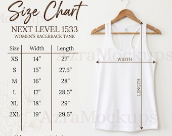 Tabla de tallas Next Level 1533 Camiseta sin mangas estilo racerback para mujer Guía de tallas NL1533 Tallas XS-2XL JPG Descarga instantánea Imagen de listado de impresión bajo demanda Printify Printful