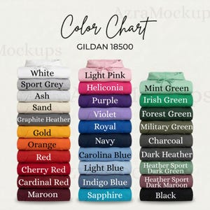 May include: A colour chart of Gildan 18500 hoodies, showcasing a spectrum of hues. The image presents stacks of hoodies in shades such as white, light pink, purple, and navy. The chart includes colour names like "Carolina Blue" and "Maroon".