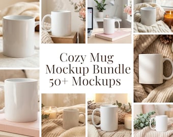 Cozy Mug Mockup Bundle 11 oz and 15 oz, Coffee Mug Mockup bundle, White Ceramic 11oz 15oz mockups POD Lifestyle Home Office Boho Mockup