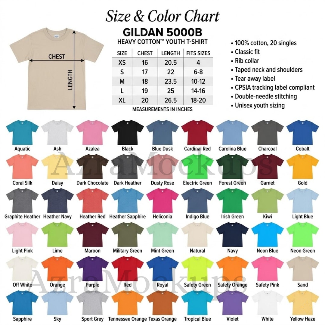Gildan 5000B Youth Size and Color Chart Heavy Cotton Youth T Shirt Size ...