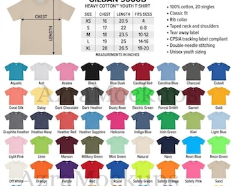 Tabla de tallas y colores para jóvenes de Gildan 5000B Camiseta juvenil de algodón grueso Guía de tallas Tabla de colores de Gildan 5000B Imagen de listado de impresión bajo demanda Camiseta infantil Printify