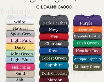 Tabla de colores Gildan 64000 Guía de colores de camisetas Maqueta de cuello redondo Paleta de colores Gildan 64000 Colores JPG Descarga instantánea Imagen de listado de impresión bajo demanda