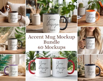 Paquete de maquetas de tazas decorativas (60 imágenes) Maqueta de taza decorativa de 325 ml (11 oz) JPG Maqueta de taza con asa de color Maqueta de taza para impresión bajo demanda (POD) Printify Printful Descarga instantánea