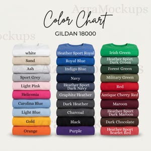 May include: A colour chart for Gildan 18000 sweatshirts, displaying a variety of colours. The chart shows stacks of folded sweatshirts in shades like white, pink, blue, and green. Text at the top reads "Colour Chart" and "GILDAN 18000".