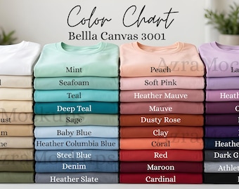 Bella Canvas 3001 Tabella colori Bella Canvas Guida colori magliette Bella Canvas Tabella colori magliette Bella Canvas 3001 Colori POD Mockup Riferimento colori