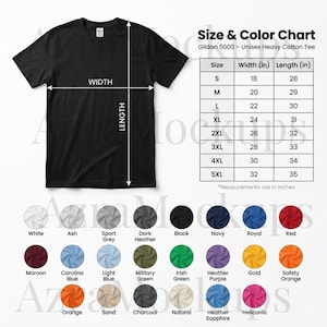May include: Black Gildan 5000 unisex heavy cotton tee shirt with a size and color chart. The chart shows measurements in inches for sizes S to 5XL. Available colors include white, black, navy, red, and more.