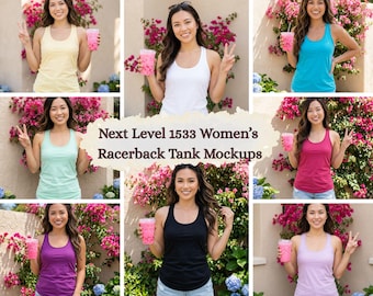 Paquete de maquetas Next Level 1533, maqueta de camiseta sin mangas estilo racerback para mujer, 18 colores, estilo de vida, exterior, floral, maqueta para impresión bajo demanda (POD) de Printify, descarga instantánea.