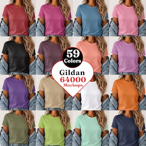 Gildan 64000 Mockup Bundel 59 Kleuren T-shirt Mockup PNG Spijkerjas Flat Lay Mockup Bundel Print On Demand Etsy Shopify Digitaal