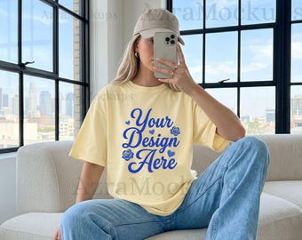 Maqueta de camiseta Comfort Colors 1717 Butter CC1717 Maqueta de camiseta de estilo de vida Maqueta de camiseta extragrande Maqueta POD Descarga digital Printify Printful Maqueta de Etsy