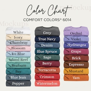 May include: A color chart displays stacks of Comfort Colors 6014 t-shirts in various hues. The chart includes colors like white, grey, blue, pink, green, purple, brown, orange, and red. The text "Color Chart" is at the top.