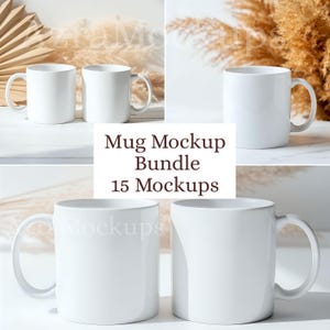 May include: A collection of white ceramic mugs, some arranged in pairs, with a clean, minimalist design. The image includes text that reads "Mug Mockup Bundle 15 Mockups."