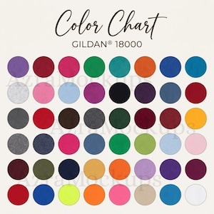 Könnte beinhalten: Eine Farbkarte für Gildan 18000-Kleidung mit einer Vielzahl von Volltonfarben. Die Karte zeigt ein Raster aus kreisförmigen Farbfeldern, darunter Farbtöne von Lila, Rot, Rosa, Grün, Orange und Blau. Der Text "Color Chart" wird oben angezeigt.