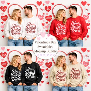 Könnte beinhalten: Ein Mockup-Bundle für Valentinstags-Sweatshirts mit vier Paaren, die verschiedenfarbige Sweatshirts tragen. Jedes Sweatshirt trägt den Text "Your Design Here" in einer dekorativen Schriftart. Der Hintergrund ist mit Herzen dekoriert.
