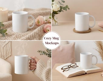 Cozy White Mug Mockup Bundle | 4 Neutral Lifestyle Mug Mockups | Canva Mug Mockup JPG 4112x2742 | Coffee Cup Mockup for Etsy POD