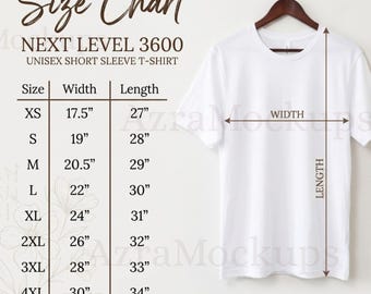 Tabla de tallas Next Level 3600 Guía de tallas de camisetas unisex NL3600 Tallas XS-4XL JPG Descarga instantánea Imagen de listado de impresión bajo demanda Printify Printful