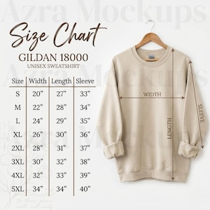 May include: A beige Gildan 18000 unisex sweatshirt hangs on a wooden hanger. The image includes a size chart with measurements in inches for width, length, and sleeve length, ranging from size S to 5XL.
