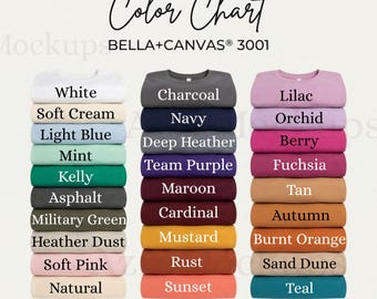 Bella Canvas 3001 Tabla de colores para camisetas Guía de colores para camisetas de punto Paleta de 3001 colores JPG Descarga instantánea Listado para impresión bajo demanda Maqueta Printify