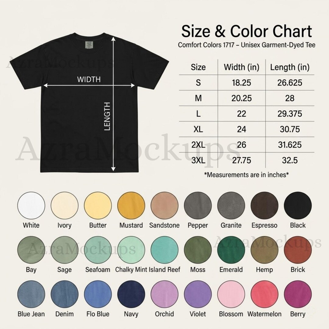 Comfort Colors 1717 Size and Color Chart Comfort Colors Shirt Color ...