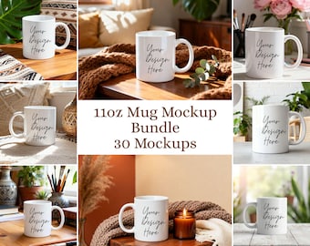 Paquete de maquetas de tazas de 325 ml (11 oz) con 30 imágenes / Maqueta de taza de café blanca JPG / Maqueta de taza de estilo de vida / Maqueta de taza para impresión bajo demanda (POD) Printify Printful / Descarga instantánea