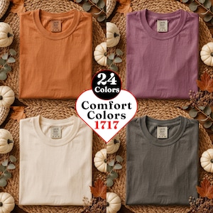 May include: Four Comfort Colors 1717 t-shirts in orange, purple, cream, and dark gray. Each shirt features a crew neck and a Comfort Colors brand label at the inner neckline. A central heart-shaped graphic displays the text 24 Colors Comfort Colors 1717.
