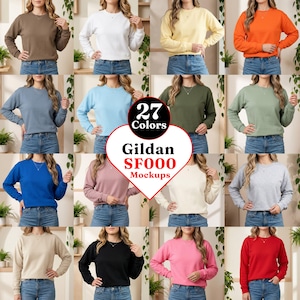 Gildan SF000 Sweatshirt Mockup Bundle, 27 Colors, Printify Printful POD Mockup, Boho Women Model, Instant Digital Download
