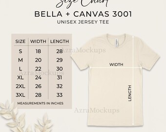 Tabla de tallas de la camiseta unisex Bella Canvas 3001 Guía de tallas de camisetas Bella Canvas Tabla de tallas de camisetas Printify Bella Canvas 3001 Imagen de listado POD Talla de camiseta