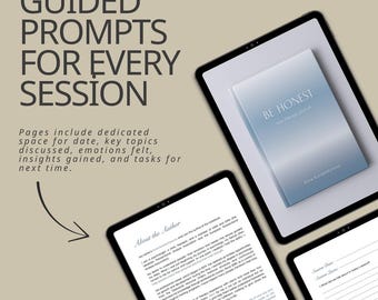 Könnte beinhalten: Mehrere Tablets zeigen ein digitales Therapie-Journal. Der Titel des Journals lautet "BE HONEST". Das Bild enthält auch den Text "GUIDED PROMPTS FOR EVERY SESSION" und "Pages include dedicated space for date, key topics discussed, emotions felt, insights gained, and tasks for next time."