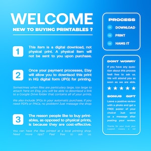 May include: A blue graphic with white text that reads "WELCOME NEW TO BUYING PRINTABLES?" and instructions for digital downloads. The image explains the process of downloading, printing, and hanging digital art.