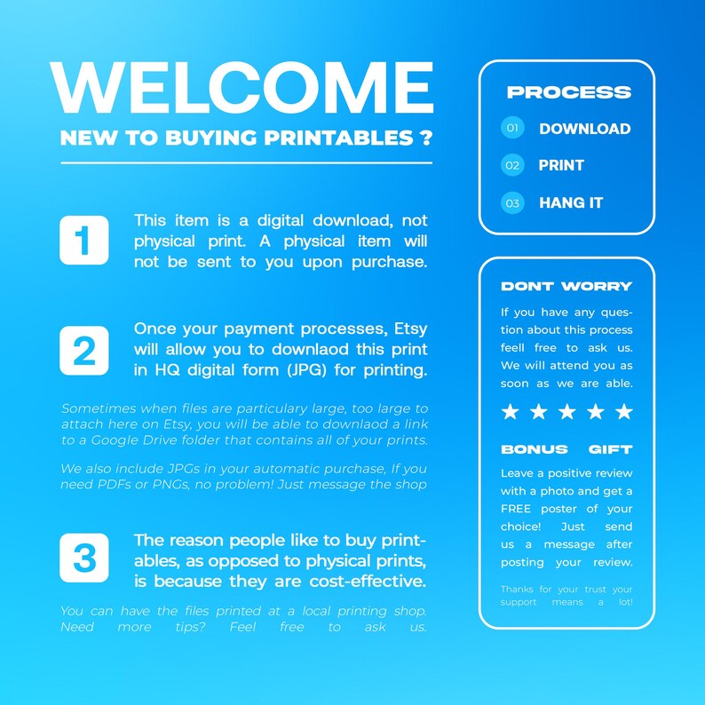 May include: A blue graphic with white text that reads "WELCOME NEW TO BUYING PRINTABLES?" and instructions for digital downloads. The image explains the process of downloading, printing, and hanging digital art.