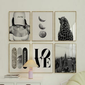 Set of 6 Retro Gallery Girly Prints – Trendy Wall Art, Leopard Decor, Trendy Aesthetic Y2K Dorm & Apartment Print, Black And White Funky Art