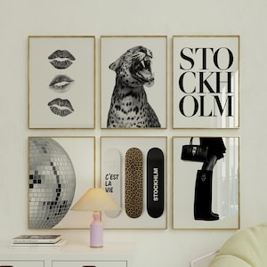 Set of 6 Retro Gallery Girly Prints – Trendy Wall Art, Leopard Decor, Trendy Aesthetic Y2K Dorm & Apartment Print, Black And White Funky Art