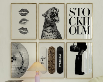 Set of 6 Retro Gallery Girly Prints – Trendy Wall Art, Leopard Decor, Trendy Aesthetic Y2K Dorm & Apartment Print, Black And White Funky Art