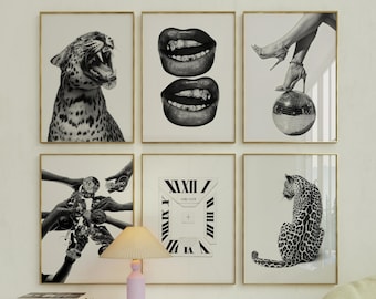 Set of 6 Retro Gallery Girly Prints – Trendy Wall Art, Leopard Decor, Trendy Aesthetic Y2K Dorm & Apartment Print, Black And White Funky Art