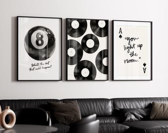 Trendy Black and White Wall Art Set of 3 Prints, Retro Vinyl Records Poster, 8 Ball Art, Ace Card Quote, Modern Y2K Apartment Decor