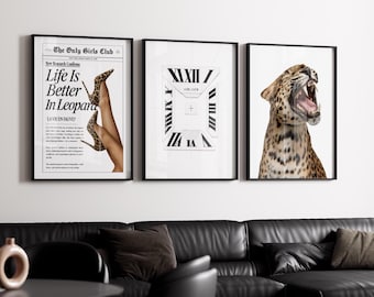 Retro Leopard Wall Art Set – 3 Trendy Posters, Y2K Fashion Decor, Trendy Leopard Print, Aesthetic Dorm & Apartment Decor, Leopard Wall Art