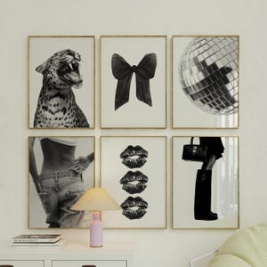 Set of 6 Retro Gallery Girly Prints – Trendy Wall Art, Leopard Decor, Trendy Aesthetic Y2K Dorm & Apartment Print, Black And White Funky Art