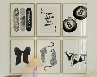 Trendy Print Set of 6 Black And White Prints Digital Print Retro Kiss Lips Printable Poster Cheetah Digital Download Dorm Room Decor