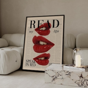 Trendy Newspaper Print, Red Kiss Lips Wall Art, Girly Bar Cart Decor, Black White Retro Poster, Preppy Aesthetic Home Decor, Dorm Room Art