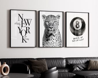 Black & White Leopard Fashion Wall Art, Stockholm Modern Aesthetic Chic Apartment Decor, Stylish Y2K Wall Art, Trendy Fashion Leopard Print