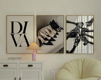 Chic DIVA Wall Art Set of 3 – Black and White Fashion Print, Luxury Heels Poster, Champagne Toast Digital Art, Glam Girl Room Decor