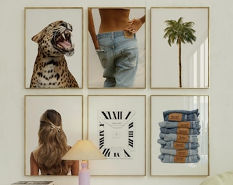 Puede incluir: Seis impresiones artísticas enmarcadas. Fila superior: un leopardo rugiente, una persona en jeans azules y una palmera. Fila inferior: una persona con cabello largo, un gráfico de reloj y una pila de jeans.
