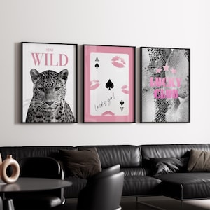 Pink Leopard Wall Art Set Black and White Gallery 3 Trendy Fashion Stylish Prints Decor Office Aesthetic Girly Wall Art Fashion Magazine