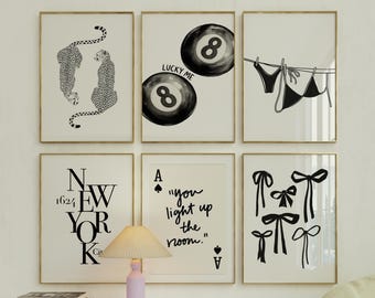 Trendy Black and White Wall Art Set of 6, Y2K Aesthetic Preppy Posters, Chic Apartment Decor with 8 Ball, Bikini, Bow, Cheetah, Ace Card