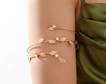 Gold Leaf Cuff Bracelet With Pearls Adjustable Boho Shoulder Bracelet Roman Goddess Armlet, Adjustable Nature Inspired Gift