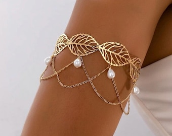 Gold Leaf Cuff Bracelet With Pearls Adjustable Boho Shoulder Bracelet Roman Goddess Armlet, Adjustable Nature Inspired Gift