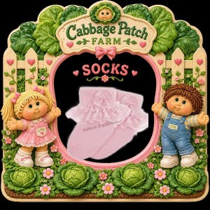 May include: Pink socks with ruffled lace trim, displayed within a decorative frame featuring Cabbage Patch Kids dolls, cabbages, and the words "Cabbage Patch Farm" and "SOCKS". The frame has a fence and heart accents.